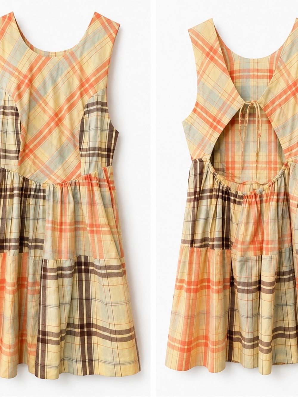 Sleeveless Plaid Tiered Sundress in Yellow and Orange